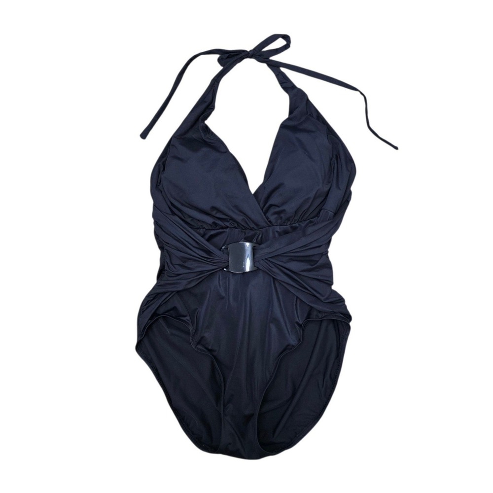 Magicsuit Womens Black Halter One Piece Swimsuit Buckle Ruched Size 14
